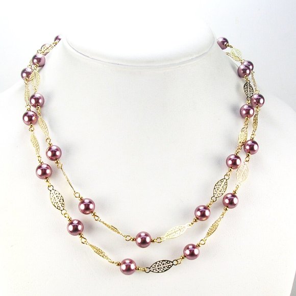 Kenneth Jay Lane Necklace Mocha Faux Pearl & Gold Plated Filigree 36" NWOT 17916 - Picture 3 of 3